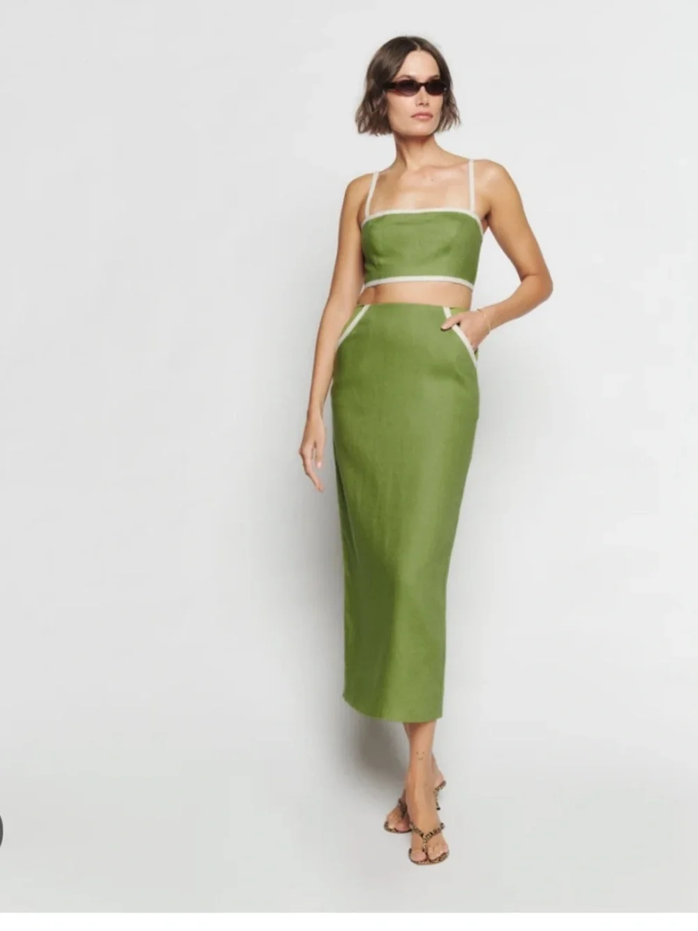 Reformation Elena Linen Skirt Set Avocado Green